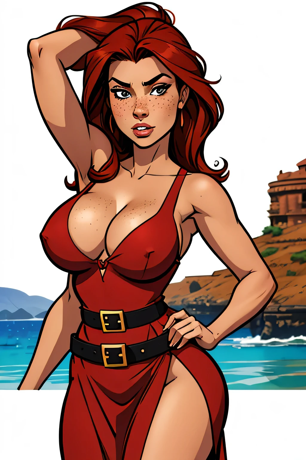 Thin woman, age 25, 4K (High definition), thoughtful, seducing gaze, eyes browns, wearing red dress (with handles, boat neckline and brown belt), arms positioned at the side of the body, pele caucasiana, straight red hair (up to the shoulders), standing (trunk), full of curves with freckles on her chest and neck, natural round breasts. High-quality Marvel style, white background.