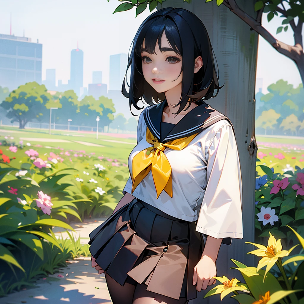 (Highest quality, High resolution, Super detailed, Realistic:1.37), Peaceful atmosphere, (Outdoor, garden), Teenage girl standing alone,(my breasts are big.),Beautifully detailed features, Cute Smile, ((Black bob hair)),Short-sleeved sailor uniform, Pleated skirt,Black tights,Brown leather shoes.