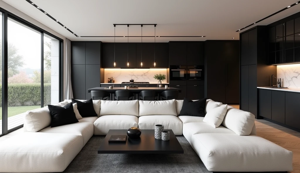 Create a realistic render of a modern, open-concept living and dining area with a minimalist design. The space features floor-to-ceiling windows on one side, allowing plenty of natural light to flood the room. The main living area includes a large, off-white sectional sofa adorned with black and white accent pillows. A sleek black coffee table sits in front of the sofa, decorated with a few minimalist accessories.
The dining area is seamlessly integrated into the open space, with a black dining table surrounded by black chairs with simple, modern designs. Above the dining table, two black pendant lights with warm inner tones provide ambient lighting, enhancing the room's cozy yet sophisticated atmosphere.
The kitchen, located behind the dining area, features dark cabinetry with a marble backsplash, combining elegance and practicality. Open shelving and subtle under-cabinet lighting add depth and functionality to the kitchen space. A wall of black-framed glass cabinets on the right side adds storage and visual interest, maintaining the minimalist aesthetic.
The flooring throughout the space is a light wood, which contrasts beautifully with the darker furniture and fixtures. The overall color palette is neutral, with a focus on black, white, and grey tones, creating a sleek and modern atmosphere that exudes both comfort and style.