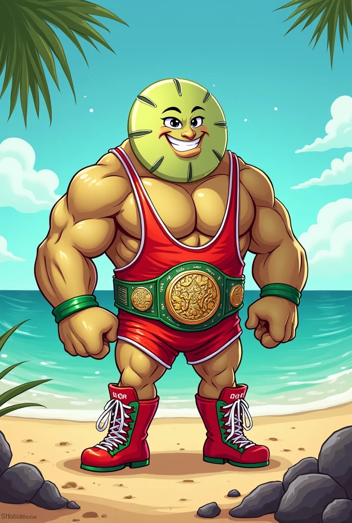 cartoon sand dollar dressed like WWE wrestler Tito Santana
