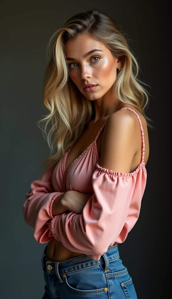 A stunning, high-resolution portrait of a self-assured woman with cascading golden locks. She dons an open-shouldered top in a soft, vibrant hue and fitting indigo denims. The dim backdrop highlights her face and figure, while her gaze directly meets the viewer's eye. The image exudes a cinematic vibe, with vivid colors, conceptual art style, and professional DSLR lighting and shadows. The detailed facial features, ultra-realistic skin texture, and high-definition close-up showcase the perfect blend of fashion, photography, and 3D renderization. The meticulously intricate details, ultra-HD 8K resolution, and cinematic mode create an exquisitely captivating image, suitable for a fashion magazine cover or a poster advertisement., vibrant, portrait photography, fashion, cinematic, product, poster, photo