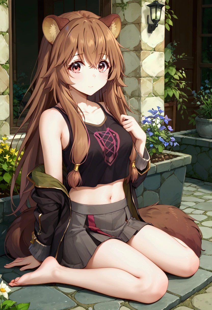  score_9,score_8,  (((perfect face))), (medium breasts), focus breasts, full body view, {looking at viewer},(brown hair), (bangs), (long hair), (animal ears), (raccoon ears), (raccoon girl), (raccoon tail), 1girl, raphtalia, (pink eyes), (detailed eyes), (perfect Eyes), garden, outdoors, BotanBase, black shirt, sleeveless shirt, midriff, see-trough, grey skirt, single leg pantyhose, pantyhose, fur-trimmed jacket, black jacket, off shoulder