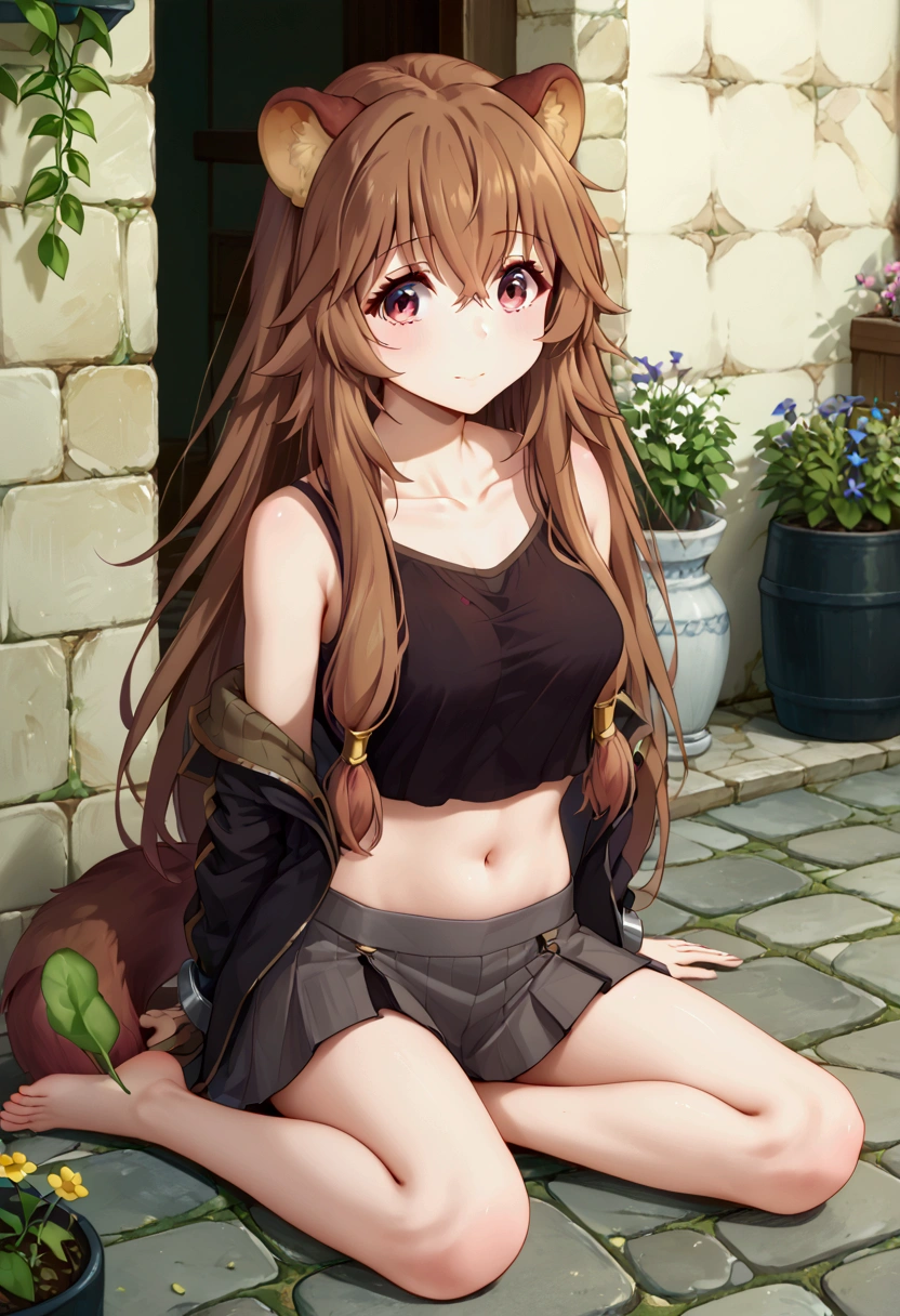  score_9,score_8,  (((perfect face))), (medium breasts), focus breasts, full body view, {looking at viewer},(brown hair), (bangs), (long hair), (animal ears), (raccoon ears), (raccoon girl), (raccoon tail), 1girl, raphtalia, (pink eyes), (detailed eyes), (perfect Eyes), garden, outdoors, BotanBase, black shirt, sleeveless shirt, midriff, see-trough, grey skirt, single leg pantyhose, pantyhose, fur-trimmed jacket, black jacket, off shoulder