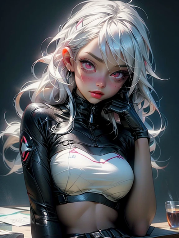 Be a girl with a pink complexion, beautiful eyes (red eyes) and deep as the night sky, half sad face lying on the table, white hair, looking at you, with an anime/semi-realistic style of art , white bra