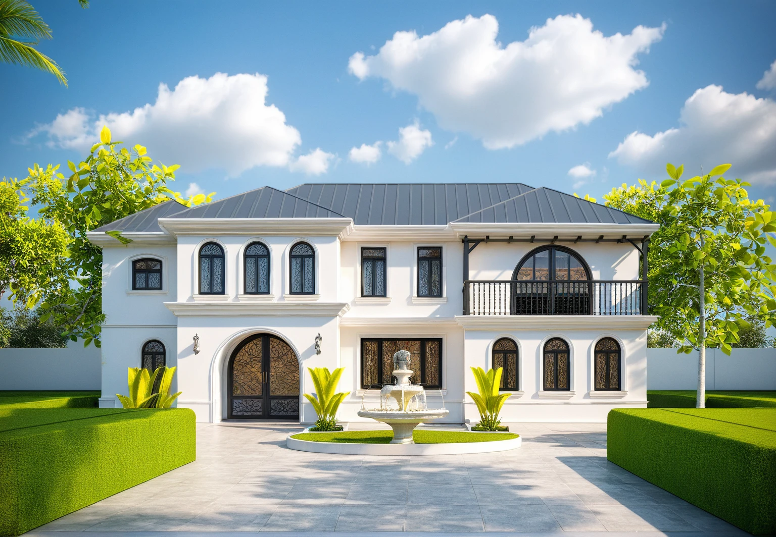 neo classical villa on street, (daylight), tropical tree, vivid colour, streetcapes, white tone, nice detail, white wall, large glass door, warm interior lighting, best quality, masterpiece, ultra realistic