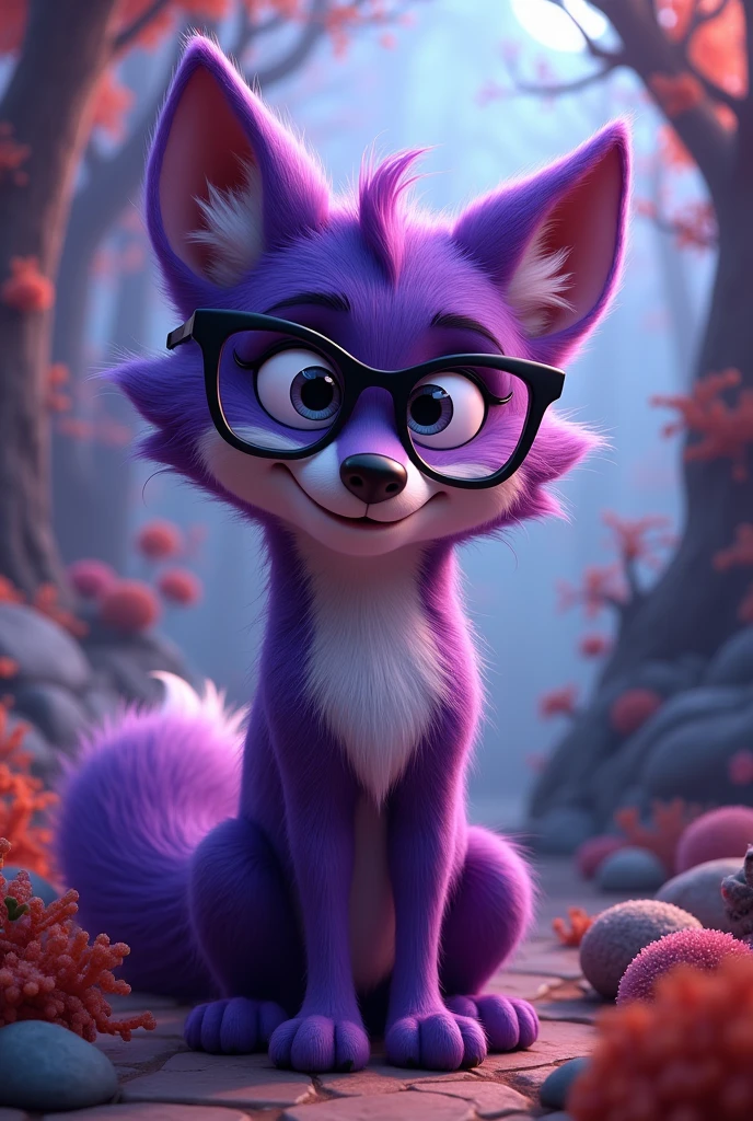 In Coraline style, purple wolf with black glasses. It is an animator and it's name is Blendy's Studio