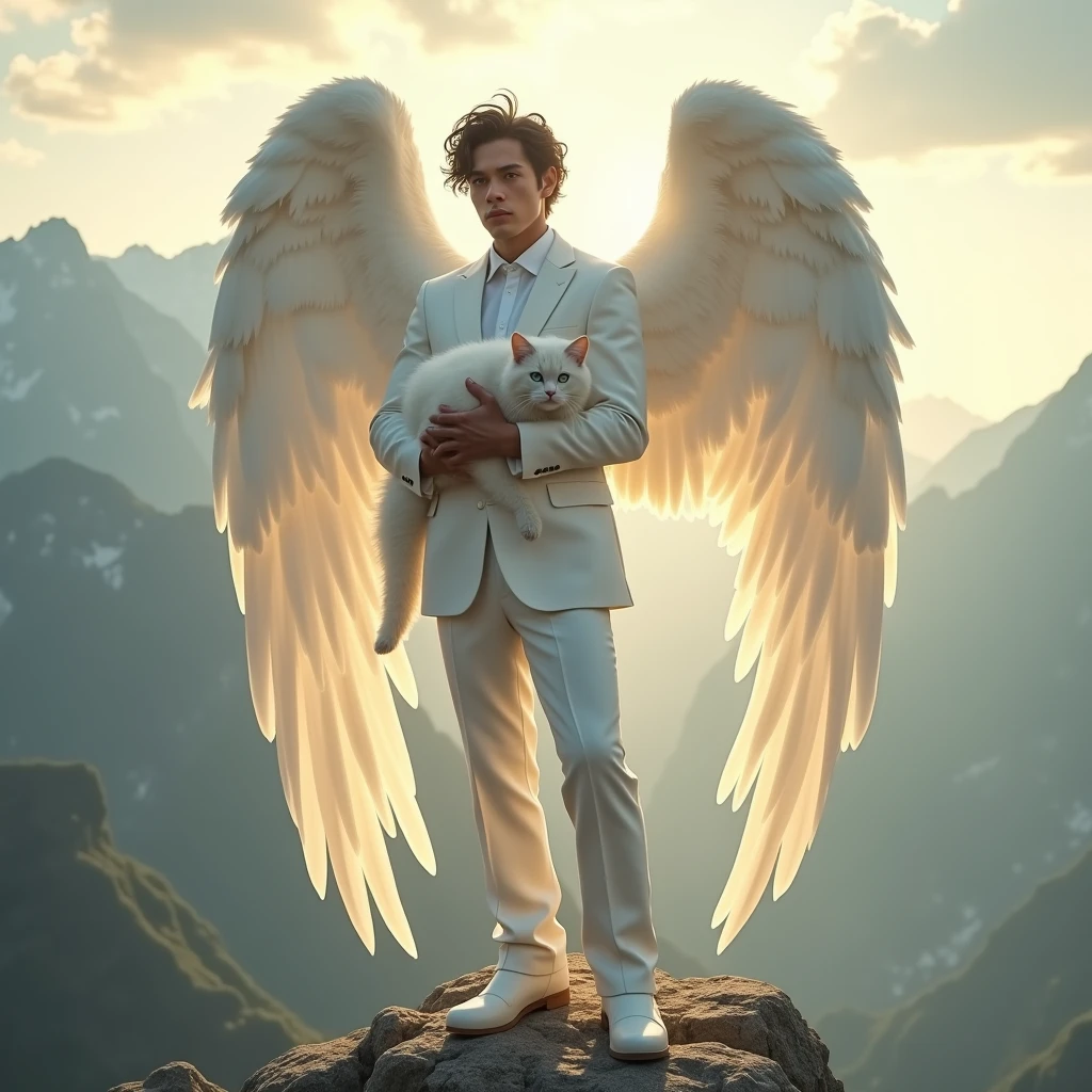 Angel male 30 years old, pale skin, blue eyes, black hair, big and white wings, wearing white suit, holding a cat on top of mountain in sunrise., messy hair, Hyperrealism, god rays, glowing light, UHD, anatomically correct, 1080P