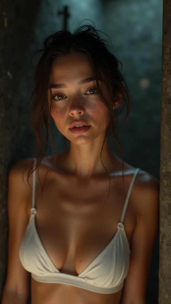 (work of art, photorrealistic:1.4, extremely complex:1.3, radiosity, photon mapping, dtx, 8k), ((((colar closeup, white undershirt, humid, [medium breasts:breasts big:0.8])), humid, [skin-detail:freckles:0.7], naturals, 1 teenage supermodel), darkness room, ((stone shower, glass shower, to clean))) , flirting with viewer, sensual face