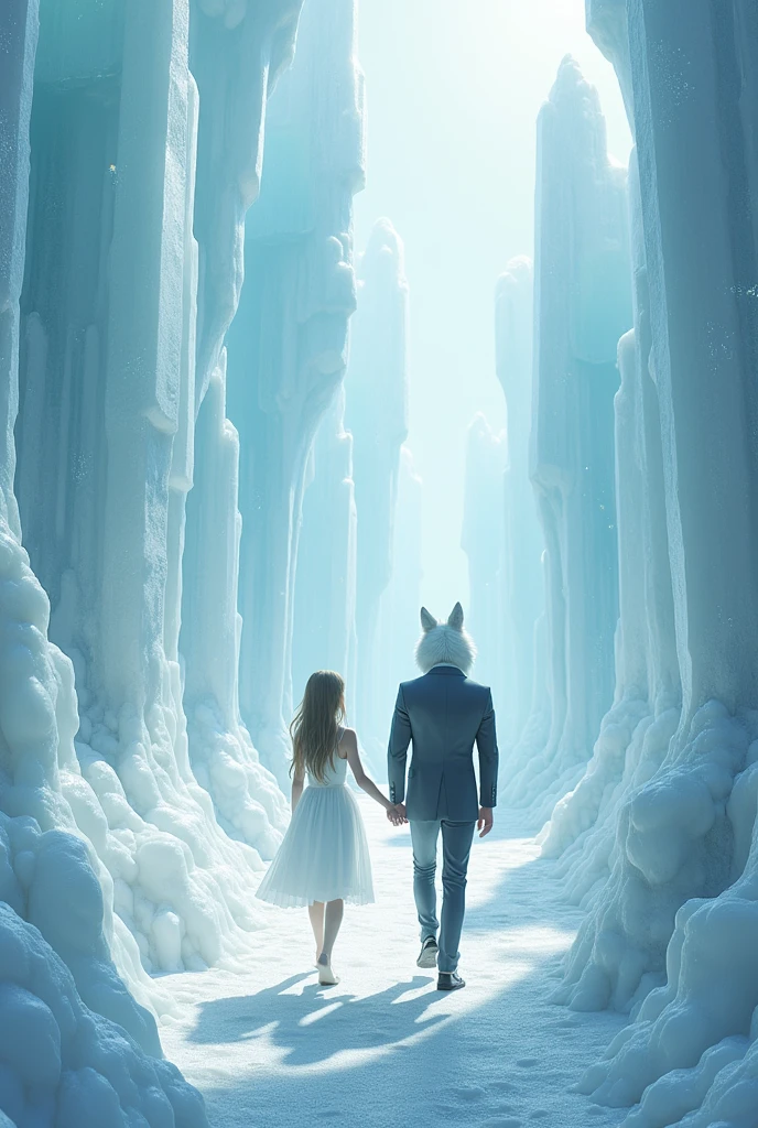 Girl in a simple white dress walking in a crystal paradise accompanied by a wolf in a suit