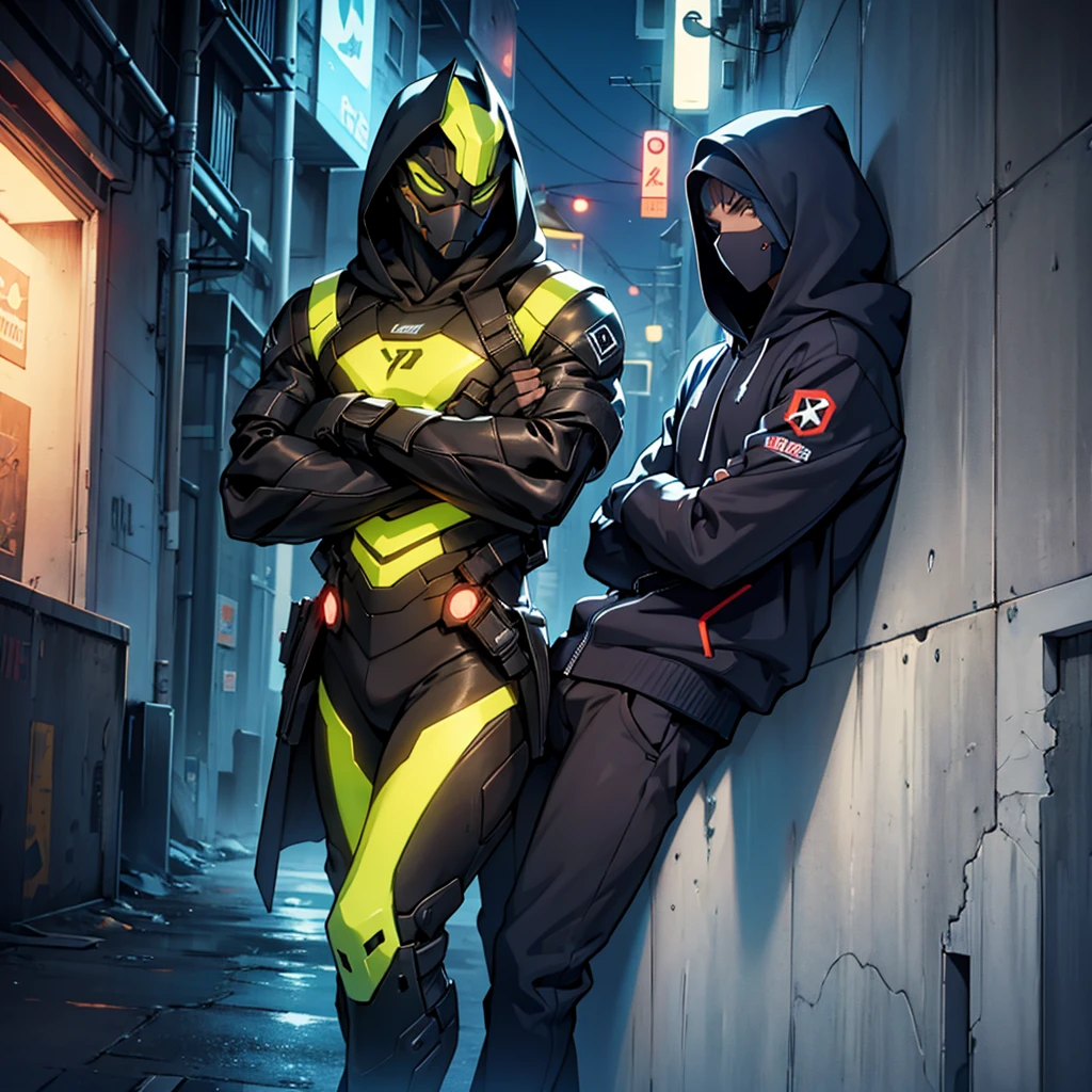 Two guys in hoodies and futuristic masks leaned up against a wall, posing with arms crossed nighttime