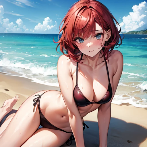 Girl with sexy tight little bikini on the beach and super wet short red hair doing sexy poses