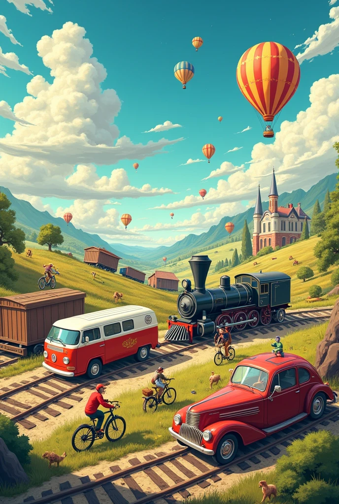 An image like a cover that contains means of transport such as a van, Truck, bicycle, motorcycle, hot air balloon and a train, This should be encouraged