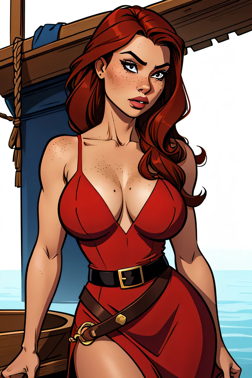 Thin woman, age 25, 4K (High definition), thoughtful, seducing gaze, eyes browns, wearing red dress (with handles, boat neckline and brown belt), arms positioned at the side of the body, pele caucasiana, straight red hair (up to the shoulders), standing (trunk), full of curves with freckles on her chest and neck, natural round breasts. High-quality Marvel style, white background.