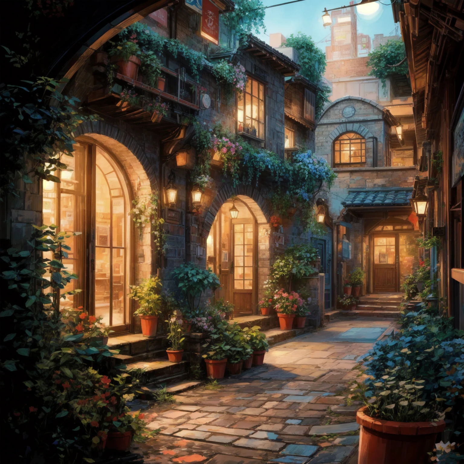 There is a picture of a street with flowers and plants., Beautiful digital artwork, beautiful digital painting, beautiful art uhd 4k, Beautiful digital art, Highly detailed digital art in 4K, Highly detailed digital painting, Beautiful cityscape, 8k high quality detail art, Stylized digital art, very Beautiful digital art, detailed picture 4k, digital painting style, Beautiful digital illustration