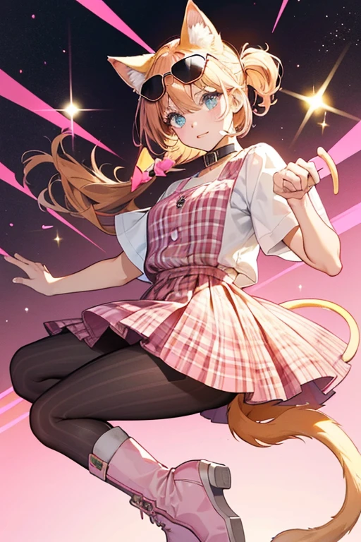 Caddy is a light beige cat with caramel hair. She has caramel cat ears and tail.
She wears a striped top with a pink collar. Her skirt is black and pink plaid, covered with cat graphics.
She wears pink sunglasses and silver boots. SPARKLE; GLITTER