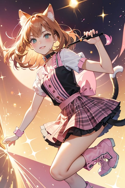 Caddy is a light beige cat with caramel hair. She has caramel cat ears and tail.
She wears a striped top with a pink collar. Her skirt is black and pink plaid, covered with cat graphics.
She wears pink sunglasses and silver boots. SPARKLE; GLITTER