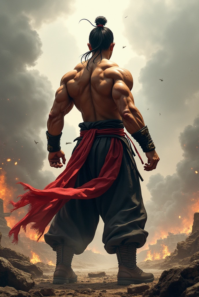 A martial artist with his back, with a background of a war landscape
