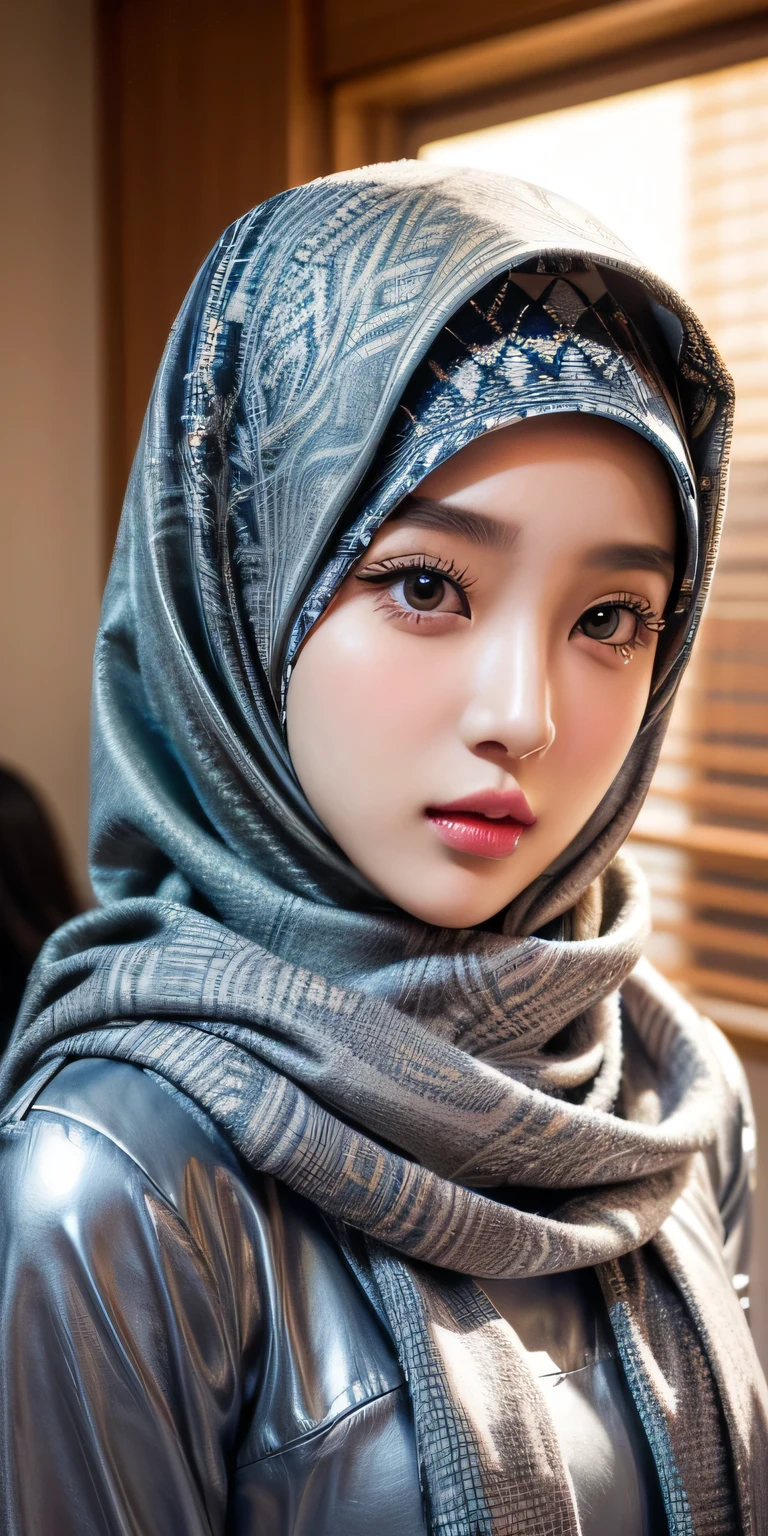 Korean girl, beautiful girl in hijab, 1 girl, perfect face, expressive eyes, makeup, eyeshadow, eyeliner, luxurious hijab, patterned hijab, hijab decoration, brooch, shiny lips, class room