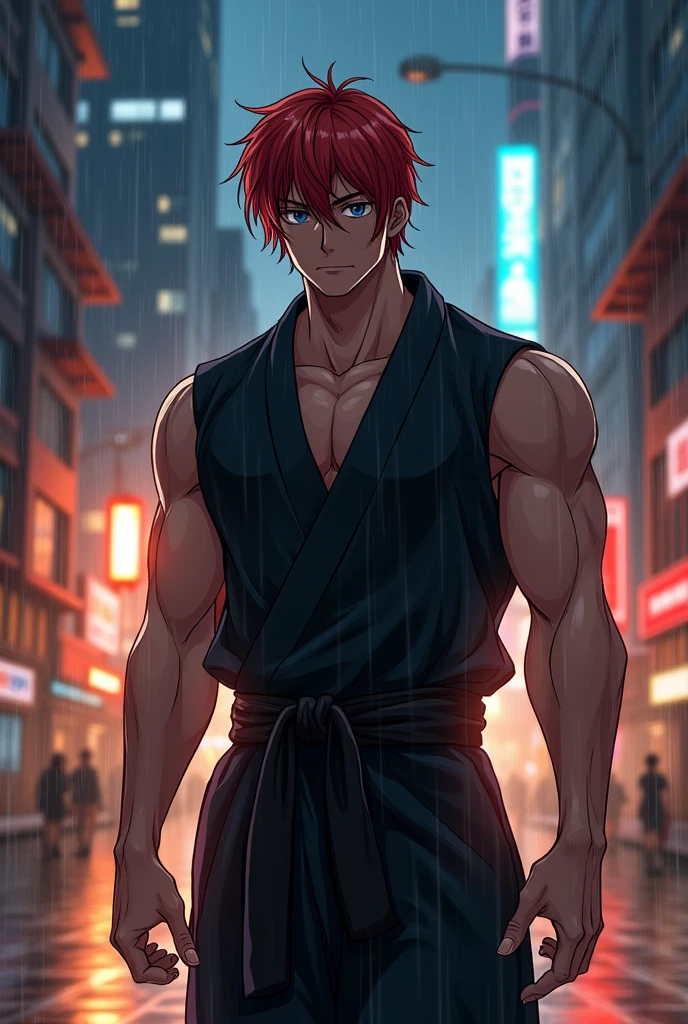 Create in anime style, a strong young man with slightly long red hair and eyes, wearing a black sleeveless karate kimono, walking with a hurt look down a street in a big city, illuminated by yellow and red lights, On a stormy night. ( The young man is wet and has a sad and dejected look.)