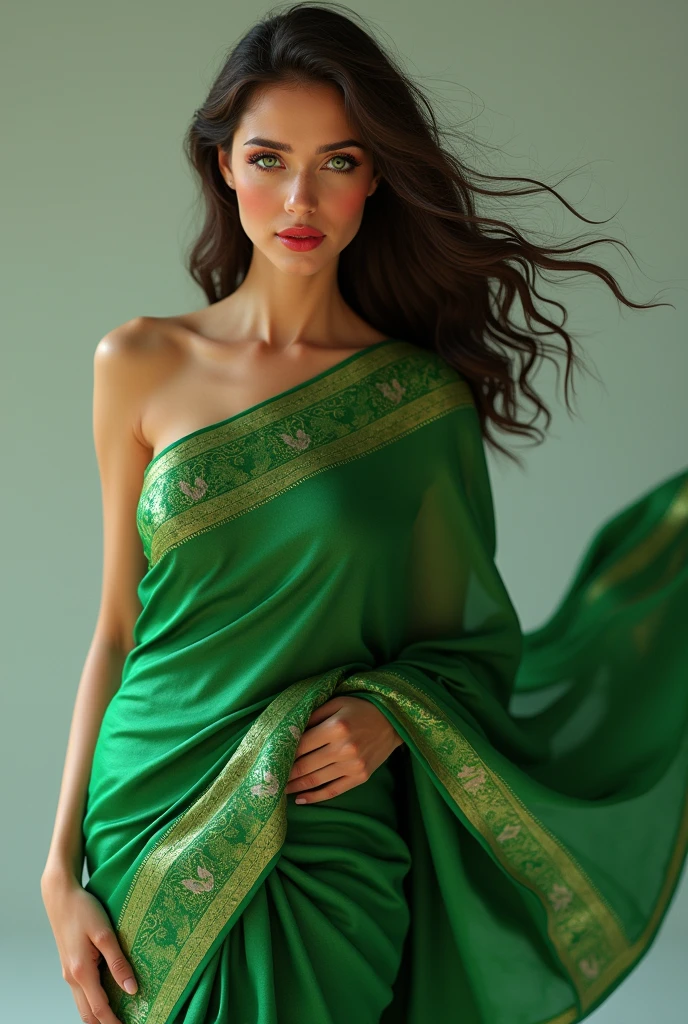 (photorealism:1.2), beautiful woman, with green eyes, nice legs, beautiful hands, red lips, green saree.