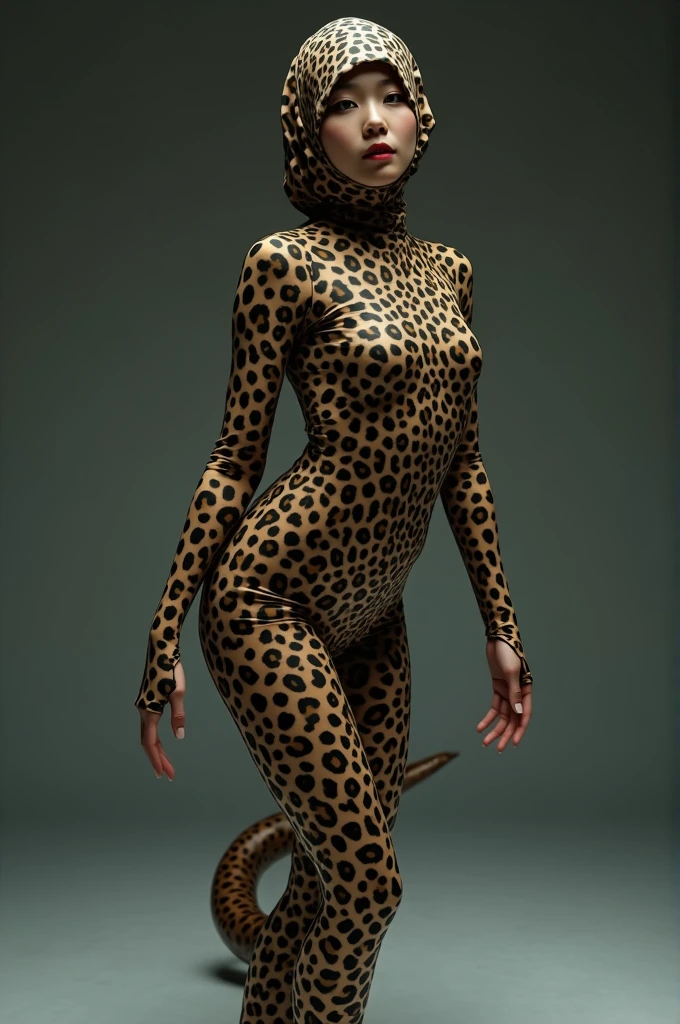 The beautiful and thinest chinese adult woman with glasses brown cheetah animal print lycra elasticity turtleneck unitard catsuit.She always wear hijab-like zentai costume hood made of lycra elasticity.She performs contortion when she is my contortionist.She took part for Mongolian Modern Angels Circus performance(snake convention 90 contortion)