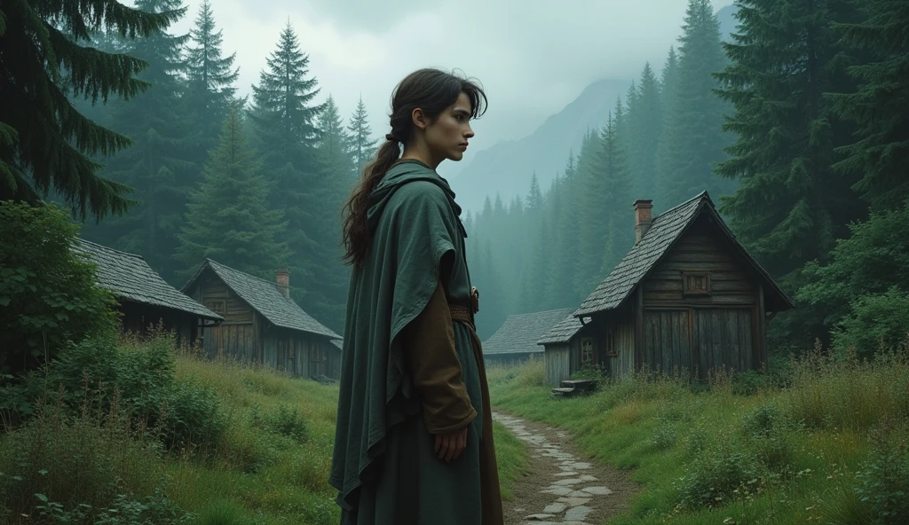 Elyon, a young man with a humble appearance, stands at the edge of a small, isolated village surrounded by dense forests. The sky is overcast, with hints of a coming storm. The village is simple, with wooden houses and narrow paths, reflecting a peaceful yet secluded life.(best quality,8K:1.2,High resolution:1.2),ultra-detailed,realistic, extremely detailed face,