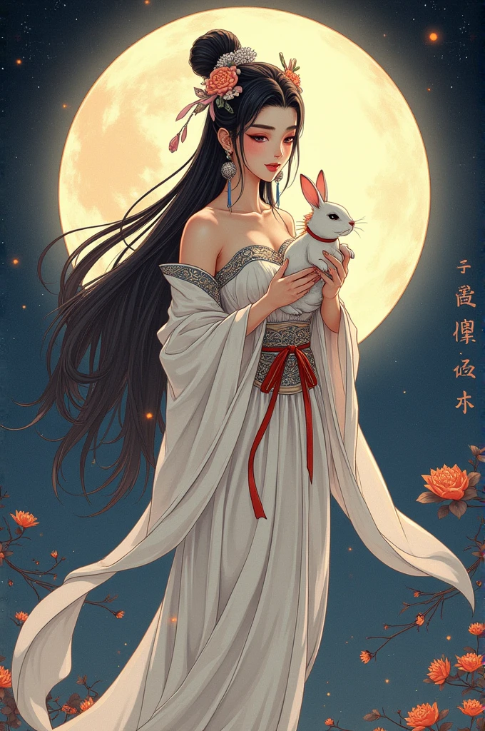 ((best quality)), moon goddess chang'e with her rabbit and a moon behind her and the Japanese style