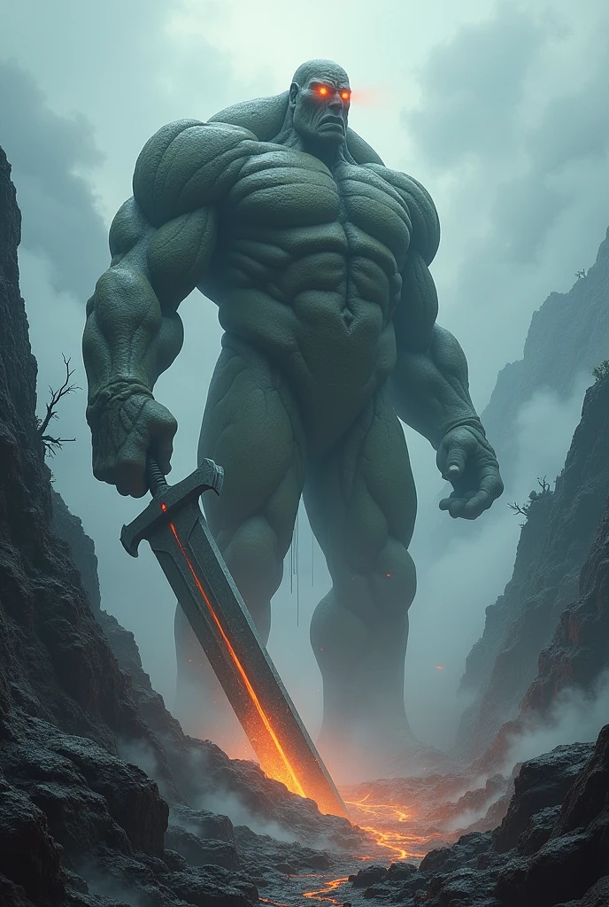 Imagine a vast mountain range, covered by a dense, oppressive fog that partially hides the jagged peaks and deep valleys. In the middle of this scenario, a huge giant appears, so big that its head is lost among the dark clouds. His figure is a terrifying and majestic sight at the same time..
The giant is a stone creature, as if it had been carved directly from the rock of the mountains. His skin is rough and covered in moss, with fissures that glow faintly as if there were lava flowing inside. Your eyes are like two glowing headlights, illuminating the fog around it with an ominous orange glow. He is standing, Stately, with gigantic feet sunk into the earth and rocks, as if he himself were part of the mountain.
Sua postura é Stately, with his chest puffed out and his muscular arms crossed in front of his body. In one hand, he holds a huge stone sword, whose blade is as large as the peak of a smaller mountain. The sword is stuck in the ground, splitting the earth and creating a deep fissure that seems endless. The other hand is open, as if the giant was about to grab something or someone, leaving in the air a sense of imminent danger.
Around the giant, the wind blows fiercely, dragging clouds of dust and rock fragments, as thunder rumbles in the distance, making the mountains tremble slightly. Small rivers of lava run down the sides of the mountains, fueled by the intense heat that seems to emanate from the giant itself, creating a contrast between the orange glow of the lava and the cold gray of the rocks.
On the slopes of the surrounding mountains, ancient, twisted trees are bent as if trying to escape the giant's presence. Some peaks are partially destroyed, as if they had been crushed by its unimaginable strength. The sky above him is a deep gray, dotted with lightning that illuminates the colossal silhouette for brief moments, this