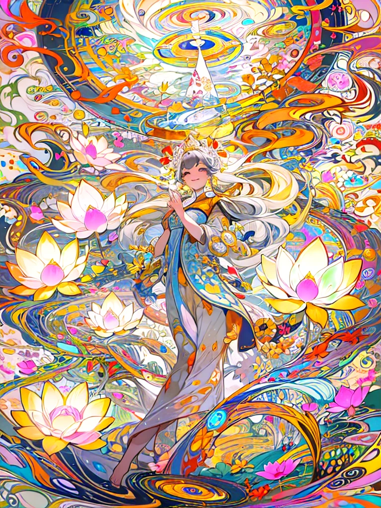 Amitabha、Extremely colorful 、Paradise、love、mercy、Halo、Smile、Lotus flower、Nirvana、masterpiece, High resolution, Highest quality, Golden phase、Spiral phase