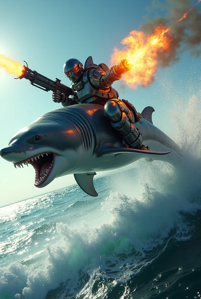 make a shark with a machine gun riding a dolphin with machine guns while they are jumping in the middle of the sea and spit fire