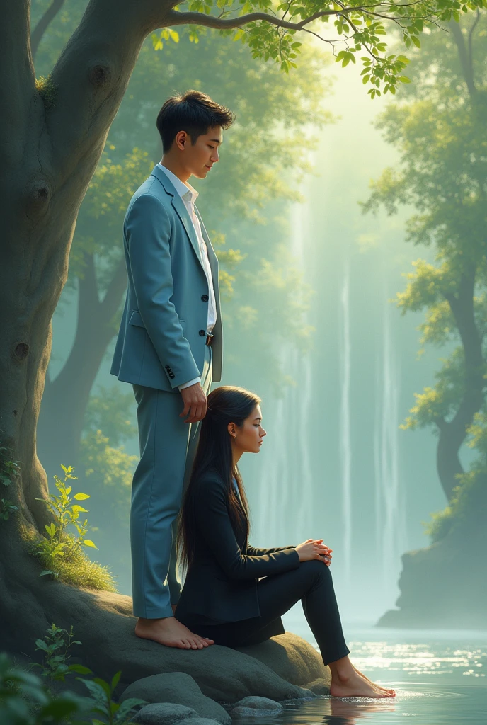 Realistic scene of a short black haired Caucasian white man, barefoot, standing, wearing a light blue suit, with a relaxed attitude and a slight smile. In a spiritual environment, interacting with a white woman with long black hair, what is medium, wearing black clothes. The man is behind the woman and the woman is sitting.