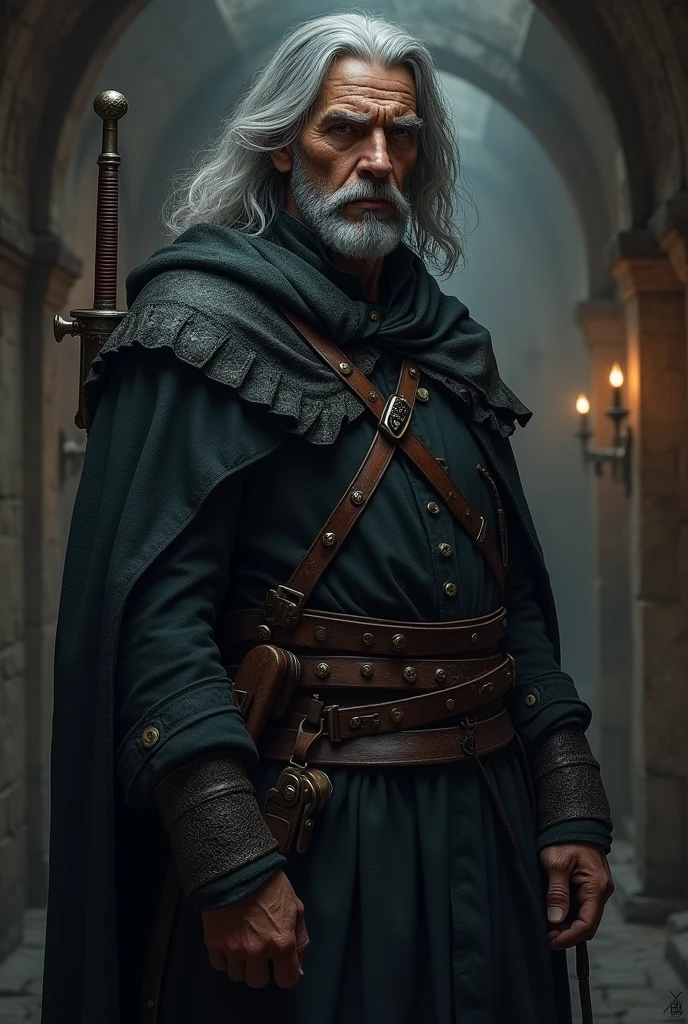 50 years old man, with long gray hair, with a gray mustache and goatee. wearing a robe, with a rapier in its sheath and holding a hand crossbow. Medieval killer.