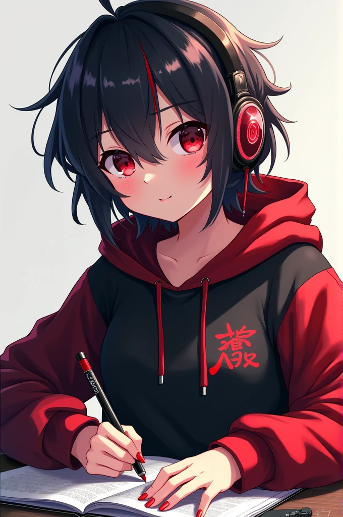 Light skin anime girl, crimson red eyes, short messy black and red hair, with black and red gaming headsets, a black and red sweatshirt that is drawing manga