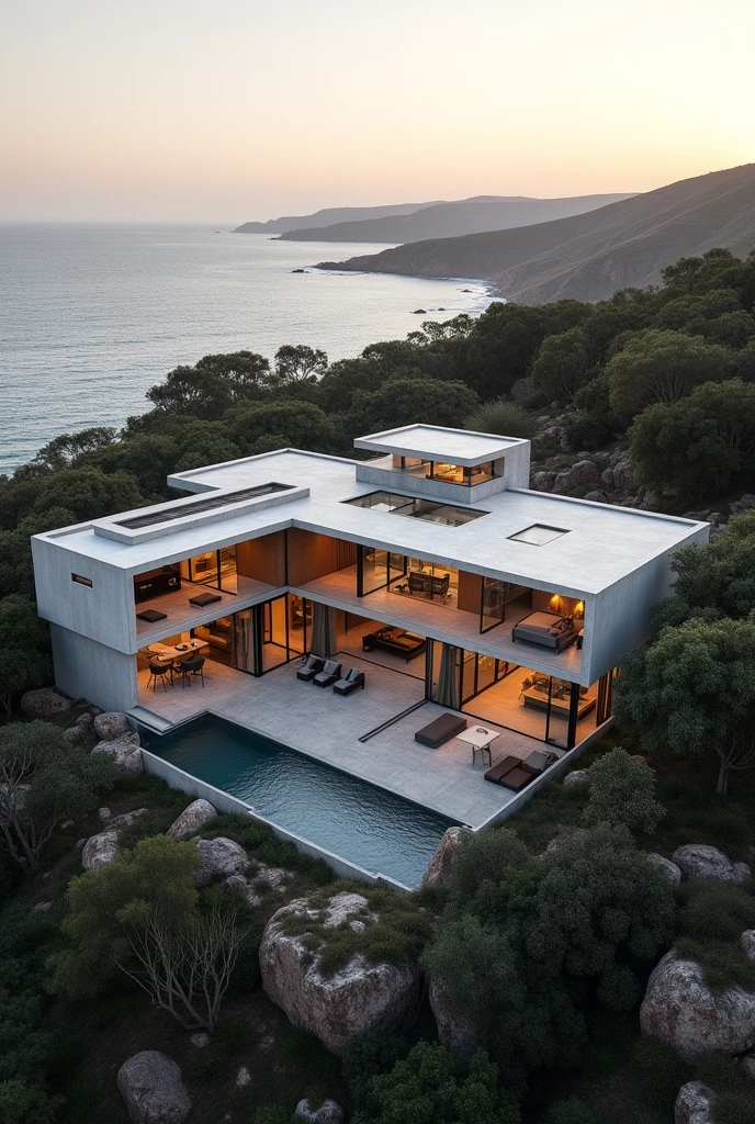 large luxury concrete house in a rural Western Australian coastal city, luxury house, close to mining towns, cyclone-proof, safe, safe from storms, drone shot from above, ultrarealistic, soft lighting, 8k