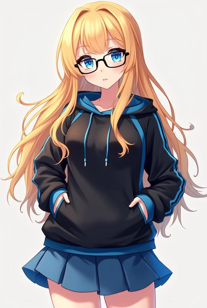 Anime girl hair: long blonde eyes: blue eyes Figure: curvy and very attractive Clothes and : a casual outfit that is a short black and blue skirt and a black sweatshirt with blue parts and also black glasses