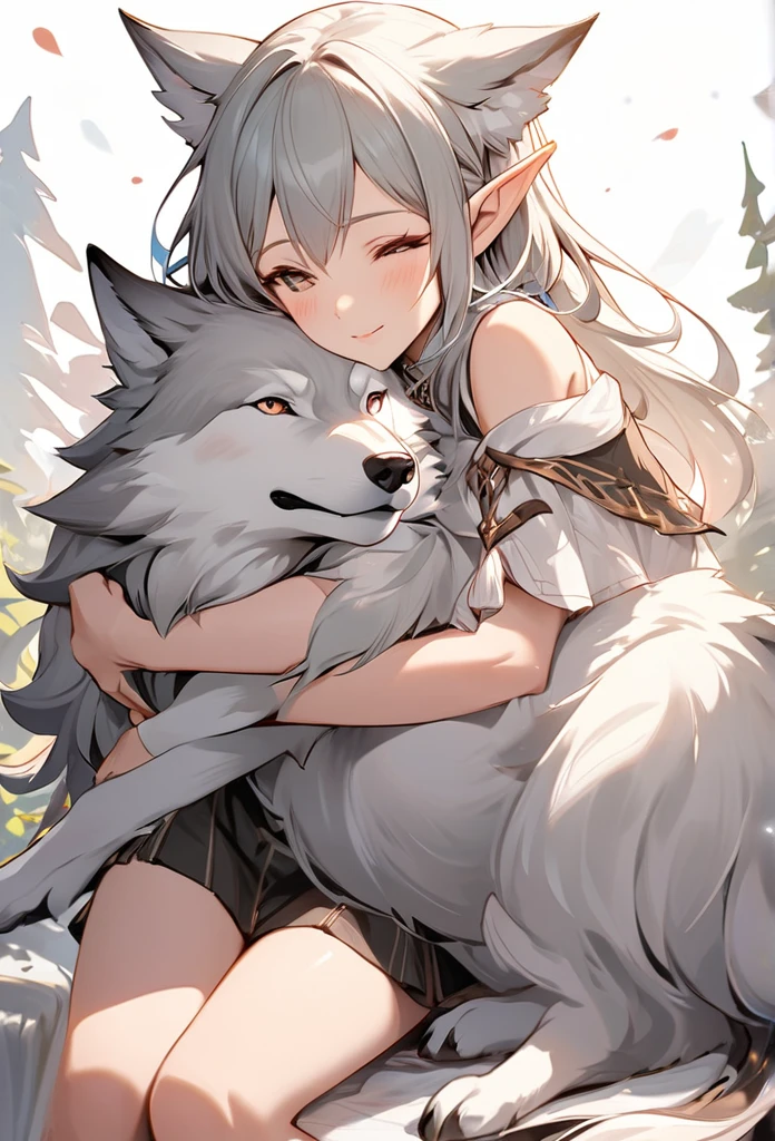 Elf girl gracefully hugging a big wolf
