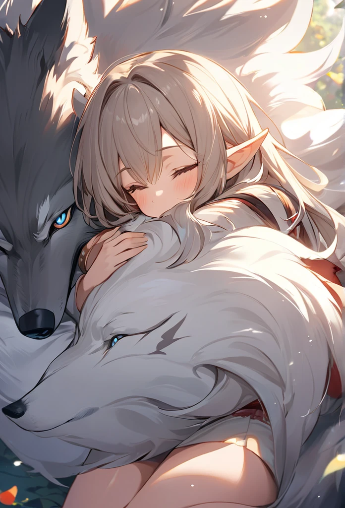 Elf girl gracefully hugging a big wolf