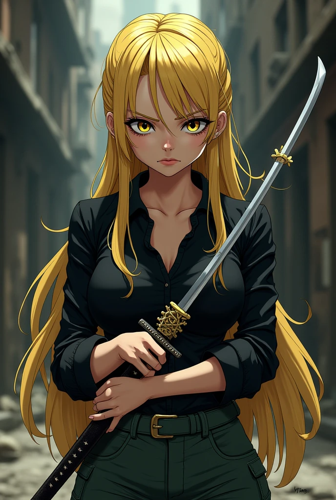 A female character from One Piece with blonde hair, yellow eyelashes and black eye color and little tired, half serious and calm look, black long-sleeved blouse and dark green cargo pants. Wearing a katana in his hands with star decorations