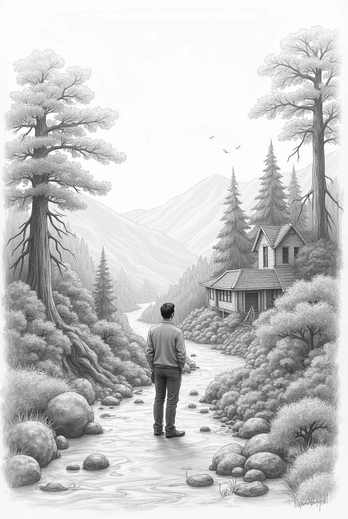 Pencil drawing of a natural environment and a man-made environment coexisting in the same place