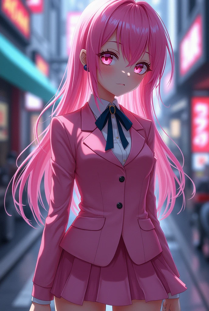 Make a girl from Tokyo revengers with pink hair, pink eyes and pink uniform