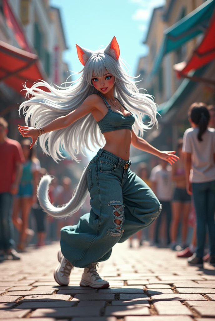 A female dancer surrounded by spectators in the street、She has long silver hair and cat ears.、Breakdancing in anime style。In the precise details expressed in 3D rendering、With the addition of cartoon-like elements、Her movements are powerful、It is beautifully drawn。