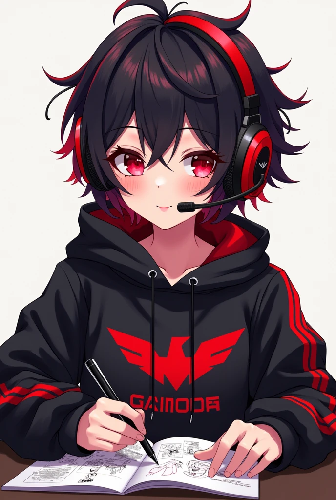 Light skin anime girl, crimson red eyes, short messy black and red hair, with black and red gaming headsets, a black and red sweatshirt that is drawing manga