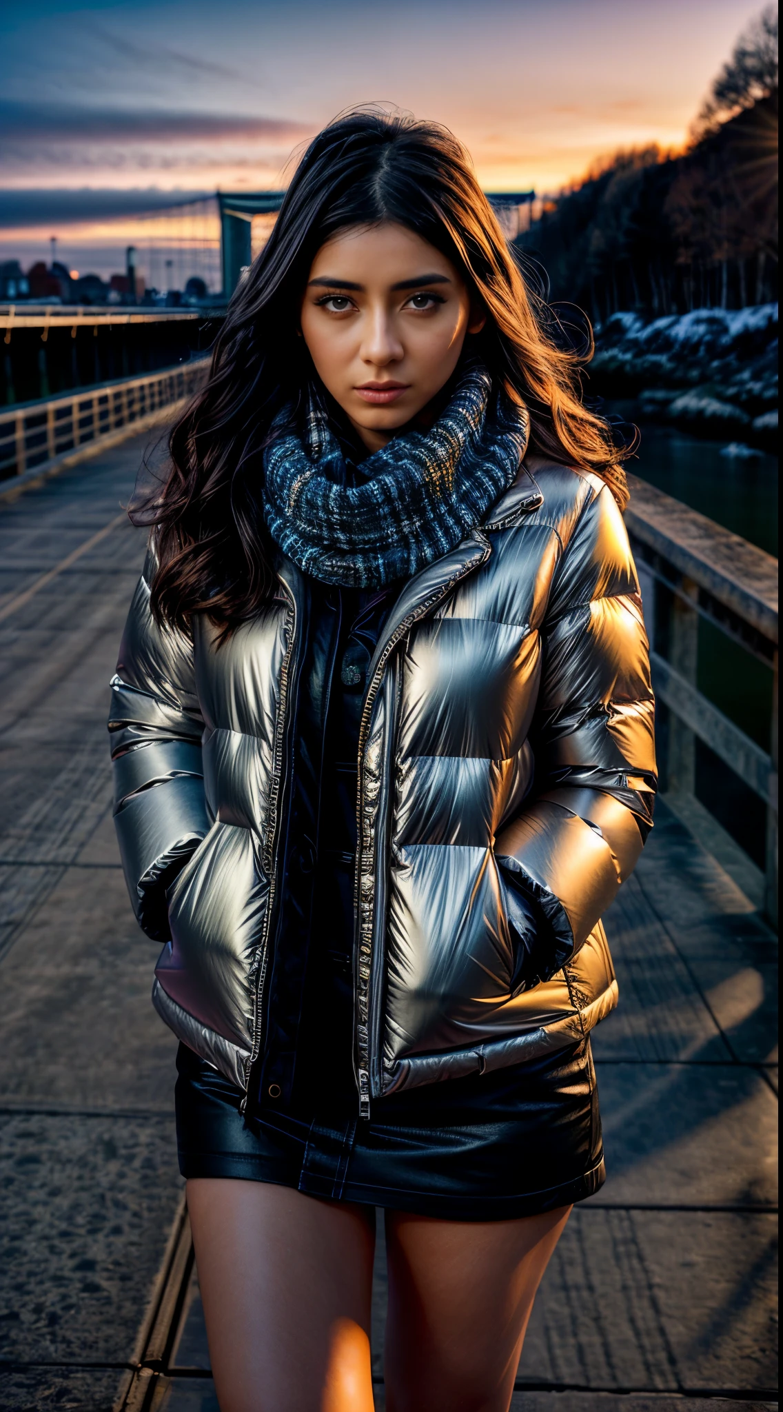 (realisitic), (Hyper-Realism), (photorealisitic:1.4), best qualityer, work of art, xtaylor, 1 girl, gazing at viewer, make up, detailedeyes, face detailed, (trunk:1.2), wearing winter clothes, puffer preto, booties, scarf, walking on the bridge, sunset, Thu, (windy:1.2) 