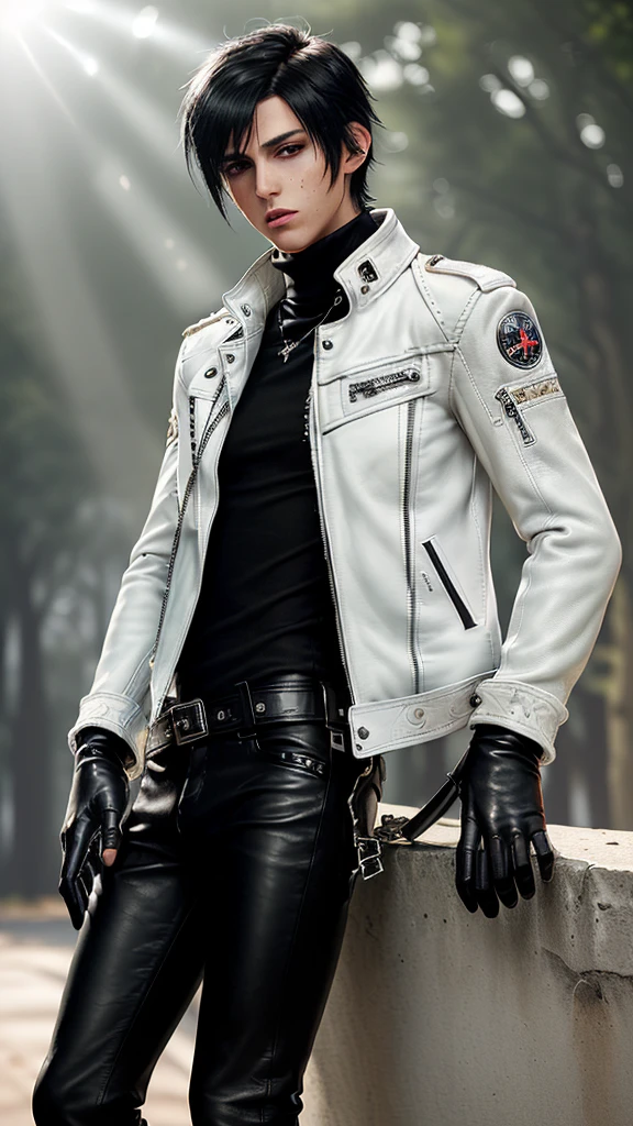 Final fantasy taste and reality graphics, ((Japanese young cute and cool ikemen  boy)), his age is early 20s, thin eyebrows and beady eyes,  (((he wearing off white color single-brest leather jacket and with epaulet))), ((leather jacket is close all zippers)) , ((jacket collar is high length)), ((jacket is stand-up collar with belts)),((jacket is single-brest and  simple design)), ((also wearing black thick turtleneck polyester shirts)), put on tight black leather pants, (((put on black leather glove))),(((covers full finger))), black leather knee-high raceup boots, head-to-toe,whole body,,((boy is outdoors in midsummer)),((hair is black)),((boy clothes felt too hot)),((boy is very sweating)),((boy be exposed in the strong sunlight))