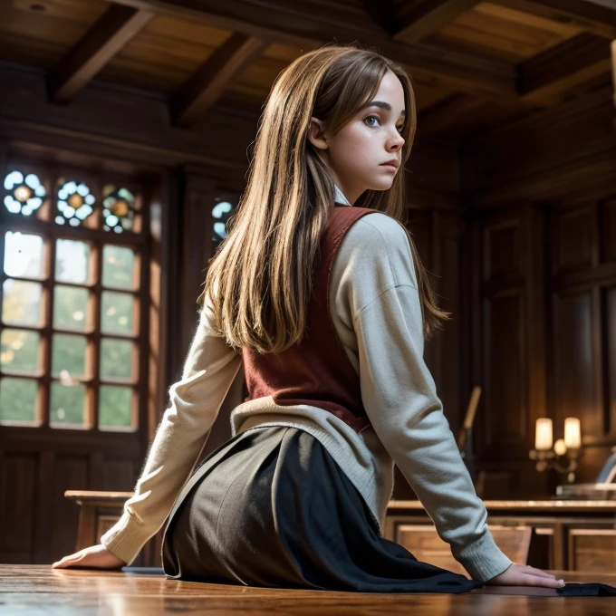 (best qualityer, work of art), 1 girl, Inside the house, cups, shy, 1 girl, Youngh, (shiver:0.7), beautiful face, 4K, 8k, ultra HD, HDR, detailed fund, fund, Hermione Granger, hogwarts, Main Hall, leaning on the table, bundle on the table, sexy gryffindor uniform, skirt raised, corda g, side camera, ass view.