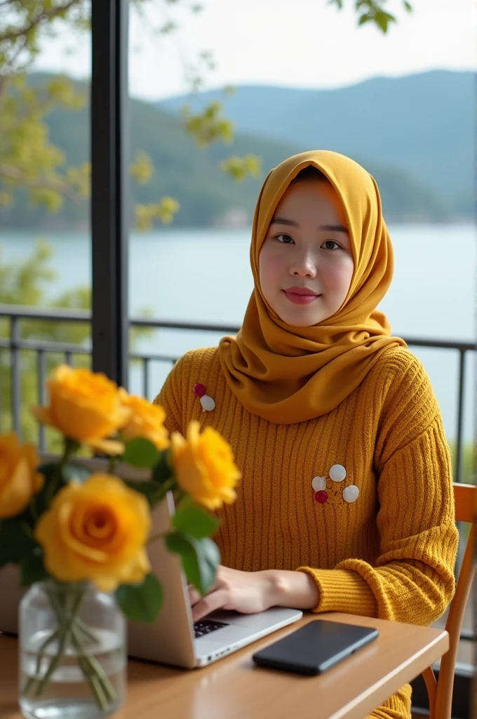 Beautiful Korean girl with white skin. Well-groomed face, gold yellow hijab, gold yellow knit hoodie, decorated with white and red polka dot motifs, gold yellow cargo pants, sitting in the cafe enjoying hot coffee, in front of the table there is an iPhone laptop and gold yellow roses in a flower pot, , on the edge of the lake inside the cafe, with a background, a wide lake, with trees, mountains, original photo, realistic