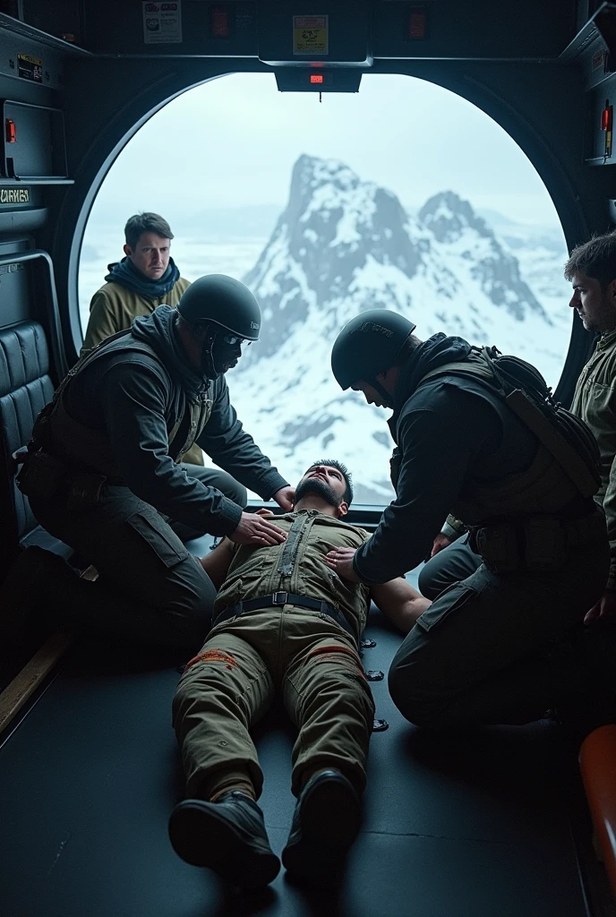 Inside the helicopter panoramic view, group (man with helmet, ski mask, tactical equipment, and tactical clothing) holds the hand of another man lying down ( man in damaged tactical clothing) , staring at the vast icy landscape of Iceland below, scientists in lab coats on board. The atmosphere is heavy, full of pain and sacrifice, as the helicopter flies through the dark skies.