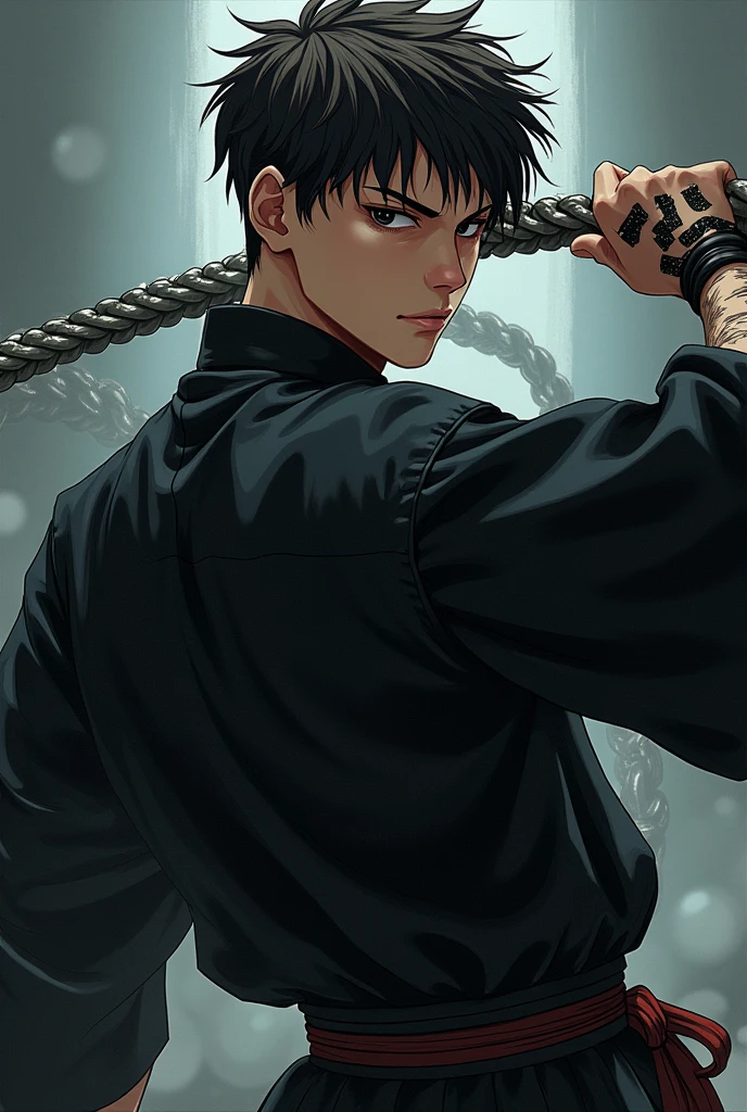 Jujutsu Kaisen style male character, dark-haired, dark-eyed, short dark brown hair. black kimono style clothing. He is 2, strong and courageous. He has a chain whip similar to the one in Castlevania