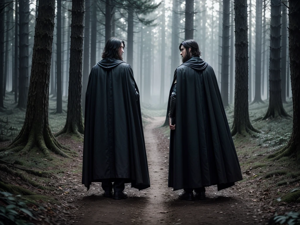 Two men with their backs to each other, wearing a large black cape outfit, medieval era, alchemist, dark forest setting
