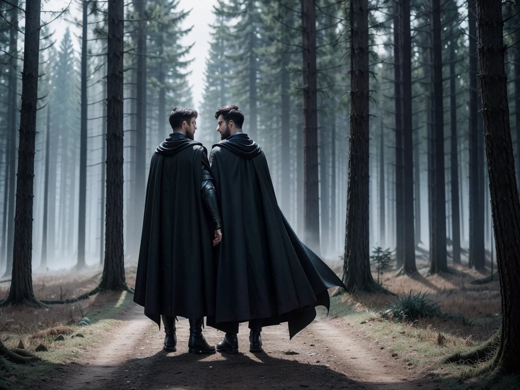 Two men with their backs to each other, wearing a large black cape outfit, medieval era, alchemist, dark forest setting